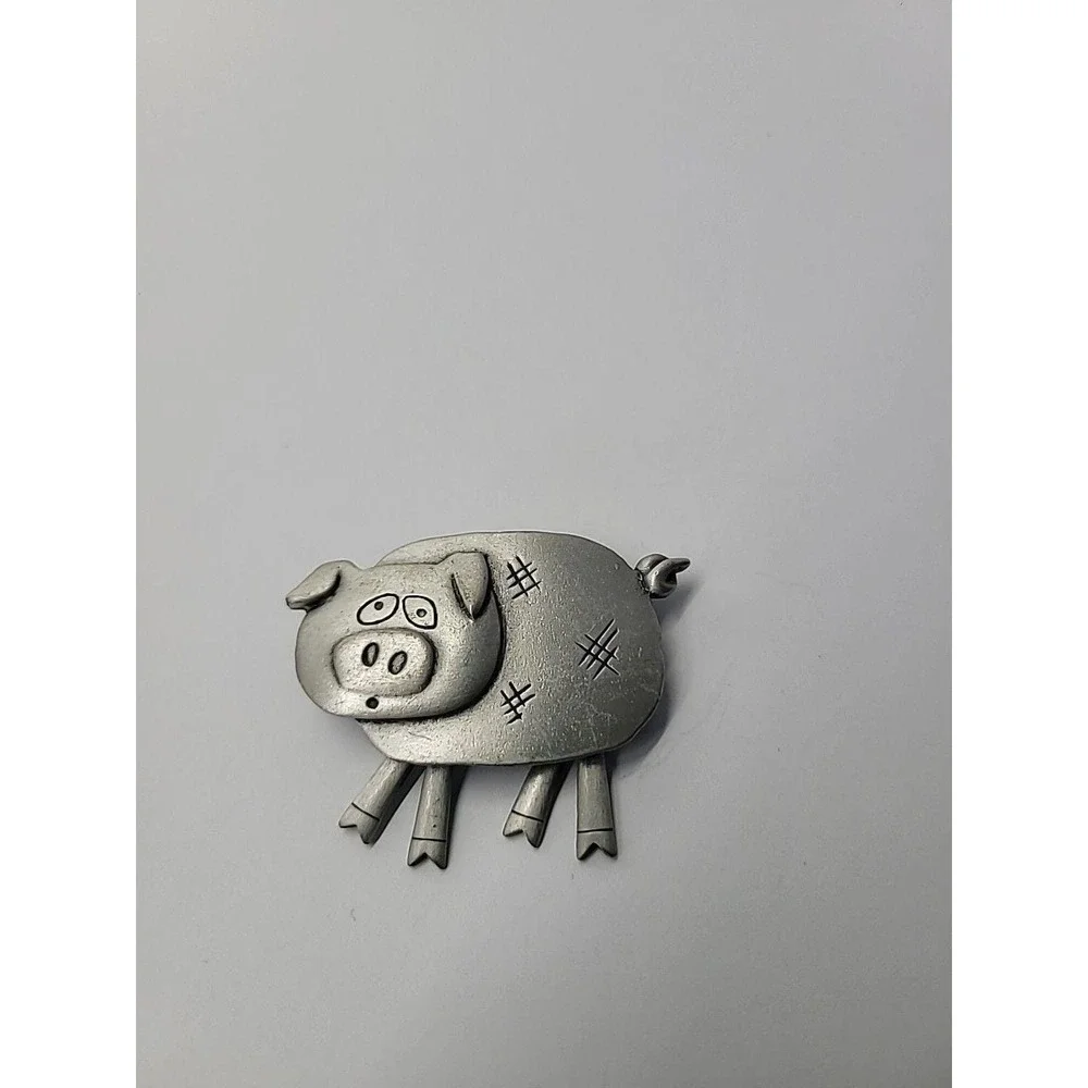 Vintage JJ Jonette Pig Brooch Silver Tone Dangle Articulated Legs Farm Animal